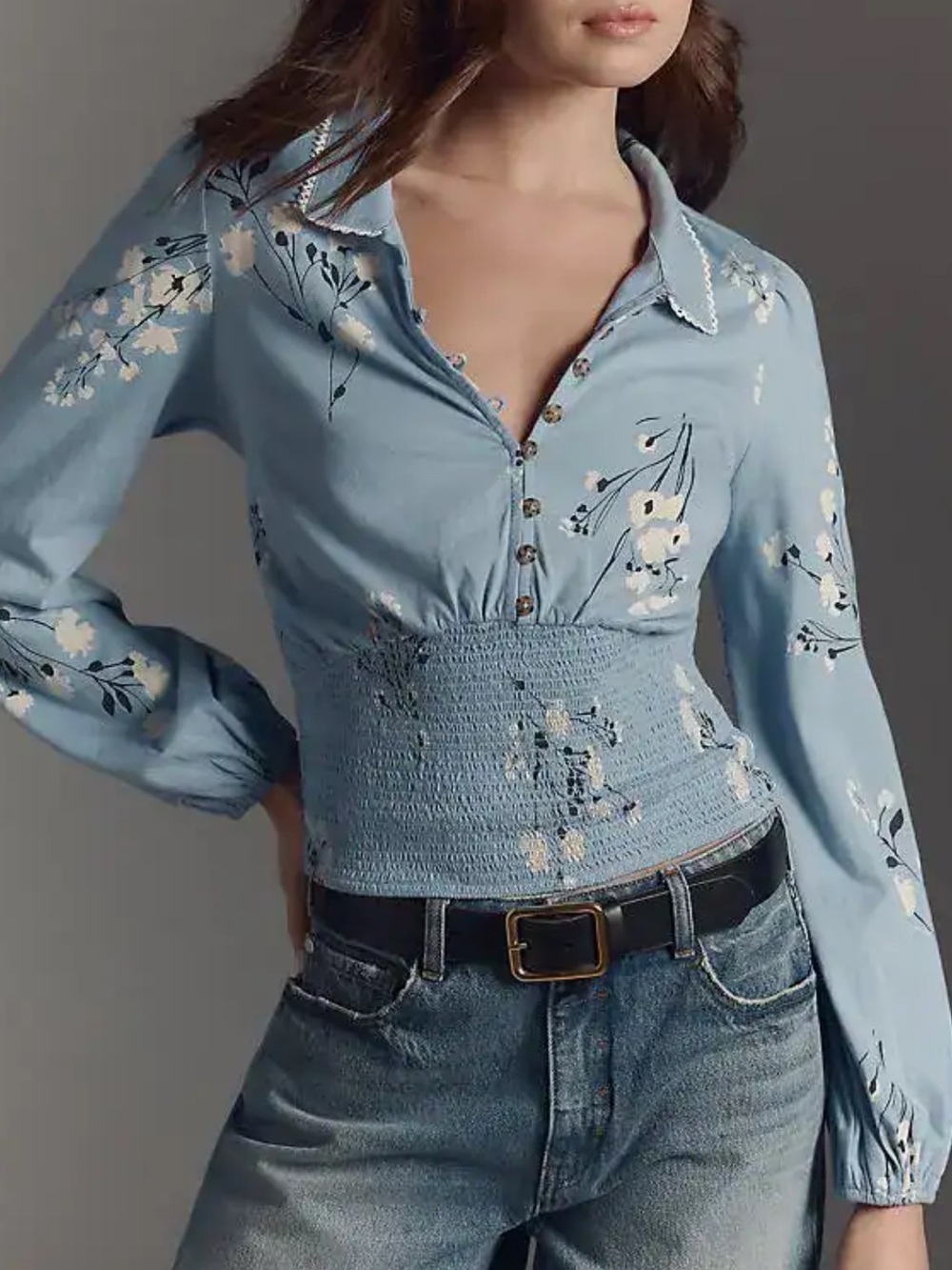 Maeve Light Blue Floral Smocked-Waist Button-Front Blouse